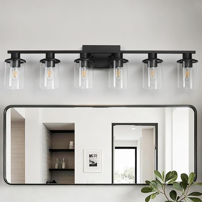 LOUSACE 6 Light Bathroom Vanity Light, Matte Black Bathroom Light Fixtures, Modern Bathroom Lights Over Mirror with Clear Glass Shade, Wall Sconce Lighting for Bathroom Mirror