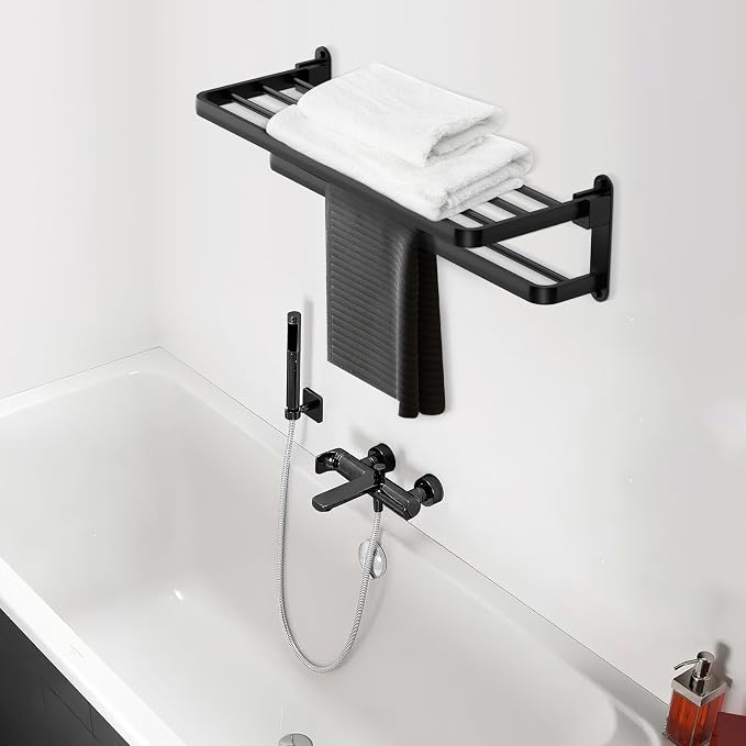 BOZWELL Bathroom Lavatory Towel Rack with Two Towel Bars,20-Inch Towel Holder with Shelf BZ105-A (Matte Black)