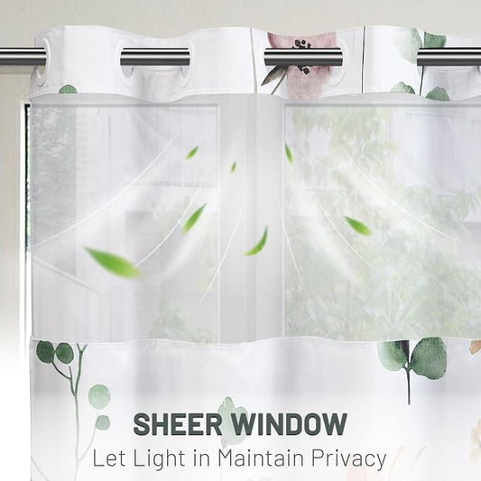 No Hook Floral Shower Curtain with Liner, Sage Green, 71x80 | Snap in Liner, 3 in 1, Water Repellent, Easy Install, Machine Washable, Hotel Style for Bathroom, Watercolor Pattern