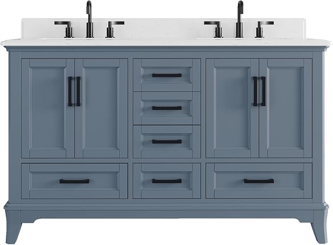60 Inch Bathroom Vanity with Double Sink, Solid Wooden Frame Bathroom Sink Cabinet Vanity with Adjustable Feet, Bathroom Storage Cabinet with Soft Closing Doors-Steel Blue