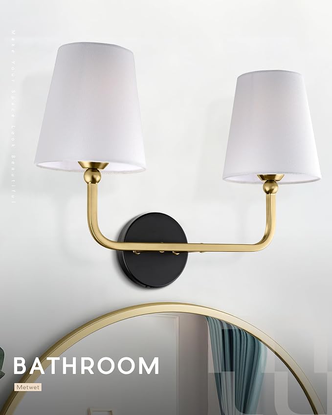 2-Light Black and Gold Bathroom Vanity Light, White Fabric Shades | Ideal for 20-28" mirrors, 17" double wall sconce, upward only, E26 base, hardwired, bulbs not included, VL837-KG-2
