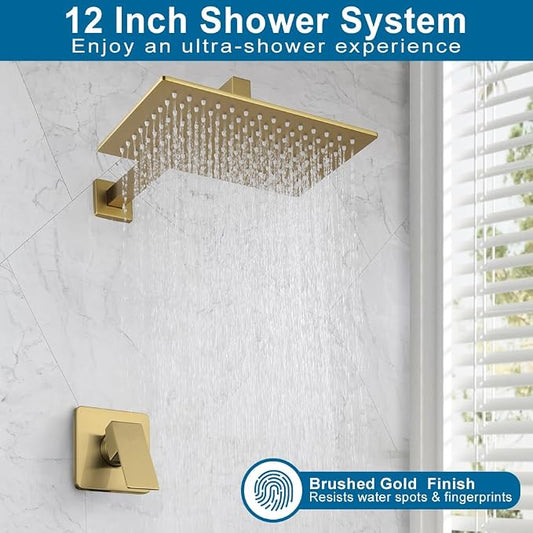 Shower Faucet Set Brushed Gold Bathroom Rainfall 12 Inch Shower Head and Handle Set Wall Mounted Shower System Single Function Shower Fixture, Include Shower Valve and Trim Kit