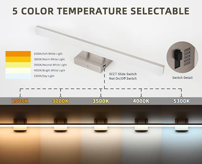Brushed Nickel Vanity Light for Bathroom - 5CCT Dimmable, Adjustable Angle, 23.62-inch Long 16W LED Bar Light Fixture Over Mirror - Modern Wall Lighting