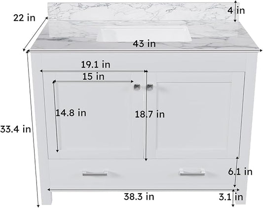 Montary 42" Bathroom Vanity with 43" Sintered Stone Carrara White Top, Modern Stylish MDF Bathroom Storage Cabinet, Vanity Set with 2 Doors and One Large Divided Drawer, White (Three Holes)