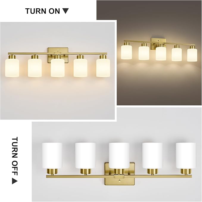 FonmYim Brushed Gold Bathroom Light Fixtures Vanity Lights Over Mirror | Modern 5-Light lighting fixtures for bathroom with Milky White Frosted Glass Shades, E26 Socket (Bulbs Not Included)
