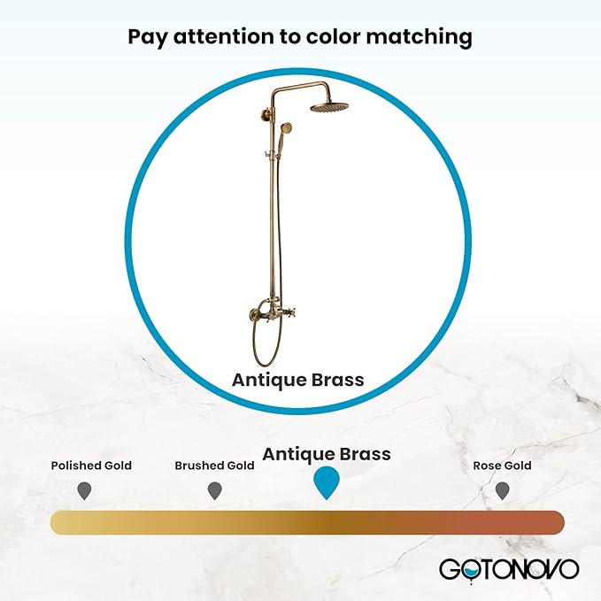 gotonovo Exposed Shower System 8’’ Head with Handheld Antique Brass | Brass Exposed Bathroom Shower Faucet Set Fixture,6’’ Hole Distance,2 Cross Handle,Adjustable Height,Wall Mount Indoor/Outdoor