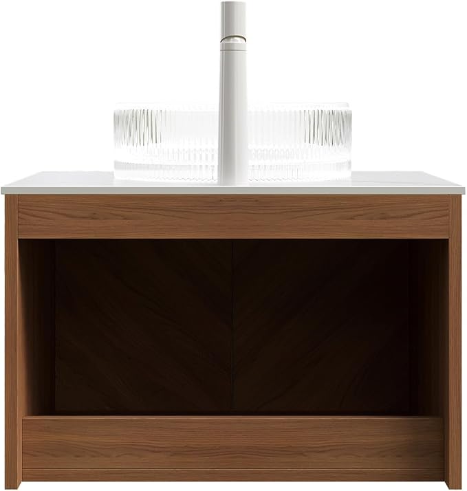 24 Inch Bathroom Vanity with Sink, Floating Fluted Vanity with Vessel Sink, Small Wall Mounted Bathroom Vanity Cabinet with 2 Doors, Glass Vessel Sink & Sintered Stone Top, Oak