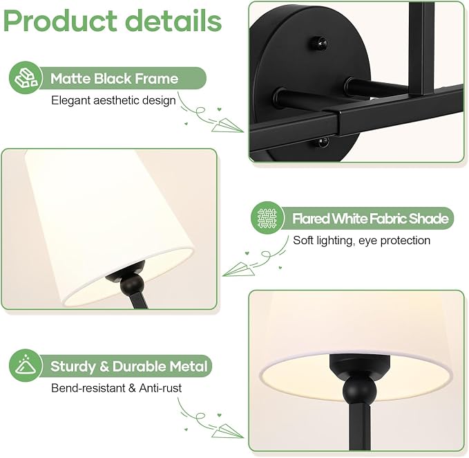 MOKATNG Bathroom Light Fixtures, 3-Light Matte Black Vanity Lights, Bathroom Lighting Fixtures Over Mirror with Flared White Fabric Shade, Modern Wall Sconces for Living Room Hallway