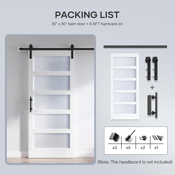 36x80 Inch Glass Sliding Barn Door Slab and 6.6ft Hardware Kit Included, 5 Frosted Glass, LVL Wood Panel Covered with White Water-Proof Scratch-Proof PVC Surface, Simple DIY Assembly