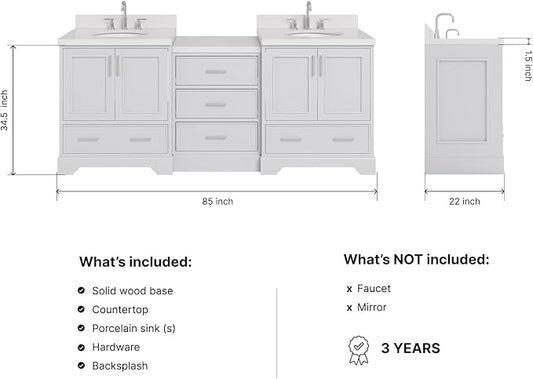 ARIEL Stafford 84-inch Bathroom Vanity with Sink,Solid Wood, 1.5in Pure White Quartz Countertop & Backsplash, Double Oval Porcelain Sink, 4 Soft Closing Doors, 5 Dovetail Drawers, Grey