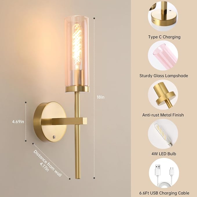 Shenmoyl Battery Operated Wall Sconces Set of 2, Gold Rechargeable Wall Lighting Fixtures, Dimmable Wall Lights with Remote & Pink Glass Shade for Living Room, Bathroom,Bedroom