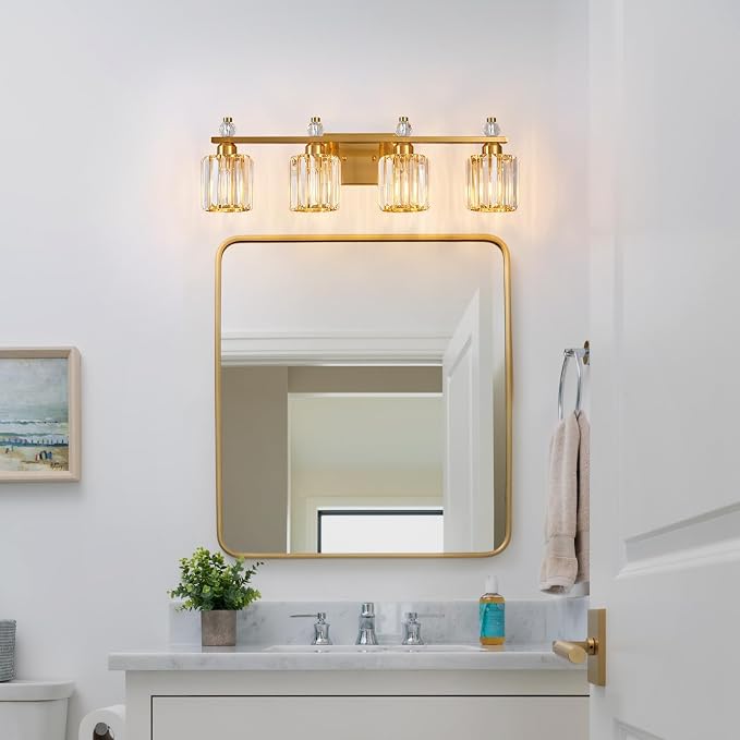 Bathroom Vanity Lights 4-Light Gold Modern Crystal Vanity Light Fixtures Over Mirror Crystal Bathroom Vanity Lighting Fixtures