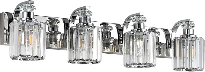 Chrome Bathroom Light Fixtures with K9 Crystal Lampshade Bathroom Lighting Over Mirror Vanity Lights for Living Room,Bedroom,Restroom,Hallway 4 Lights
