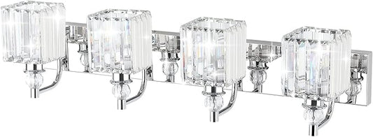 Ralbay Modern Crystal Vanity Light for Bathroom 4 Light 31.5''Chrome Bathroom Wall Lighting Fixtures Over Mirror