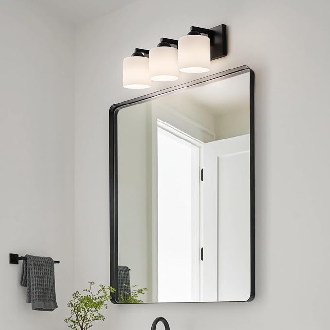 mirrea 3-Light Black Bathroom Vanity Light with White Glass Shades | Over Mirror,Wall Sconce,ETL listed,Bathroom Lighting Fixtures,Elegant Design,Milk White Glass Shade,Easy Installation