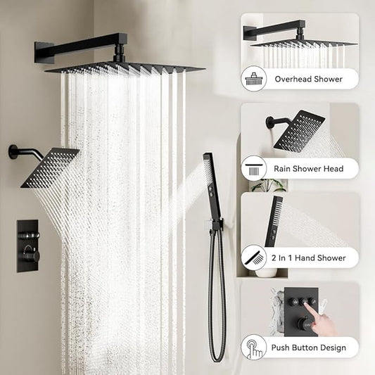 Thermostatic Shower System Matte Black, STARBATH Shower Faucets Sets 12+ 6" Wall Mount Rain Shower and 2 in 1 Handhled, Can Use All at Once, Push Button 3 Modes Valve and Trim Kit Complete Shower Set