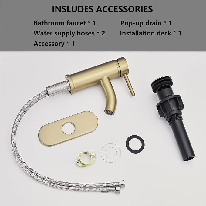 Brushed Gold Bathroom Faucets Single Hole Bathroom Sink Faucet | Modern Single Handle Bathroom Faucte 1 or 3 Hole, RV Sink Vanity Faucet (with Drain, Brushed Gold)