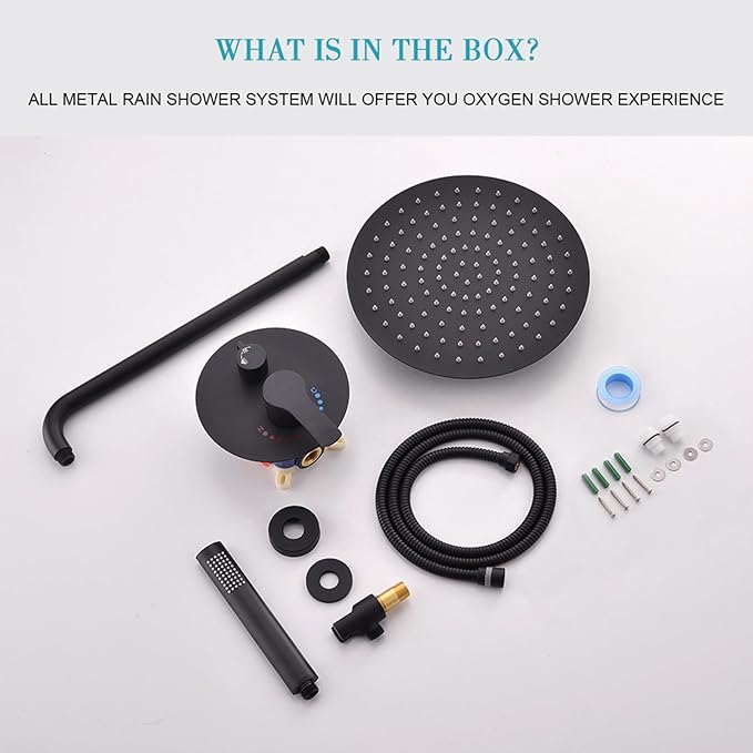 Matte Black Shower System, Shower Faucet Set Complete Rain Shower Head with Handheld, Bathroom Wall Mounted Rain Shower Fixture with Valve Set