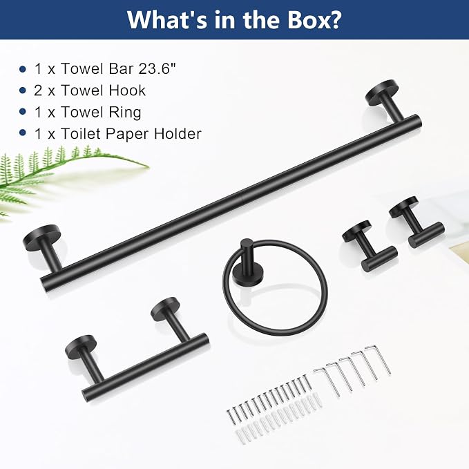 TQKAG 5 Piece Black Bathroom Accessories, 23.6" Bathroom Towel Bar Holder | 23.6" Bathroom Hardware Set, SUS304 Stainless Steel, Double Post Pivoting, Towel Hooks, Toilet Paper Holder Set Wall Mounted