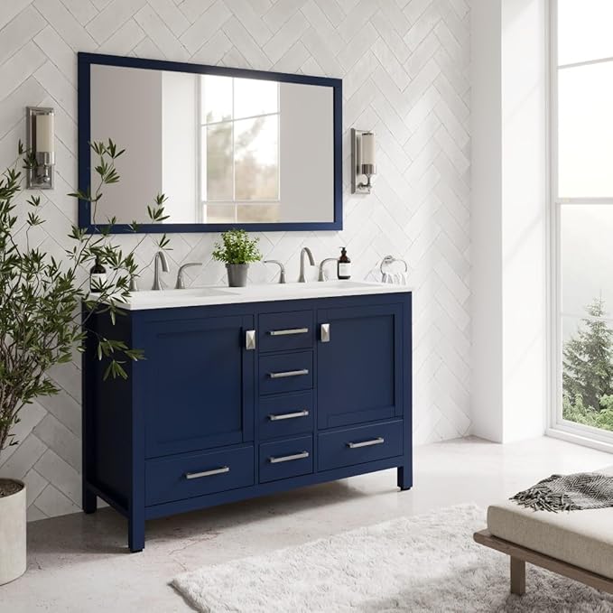 Eviva Aberdeen 48 Inch Bath Vanity with Sink Blue Bathroom Vanity with Carrara Quartz Top Freestanding Double Sink Bath vanities with Spacious Storage -Bathroom Sink Cabinet and top Combo