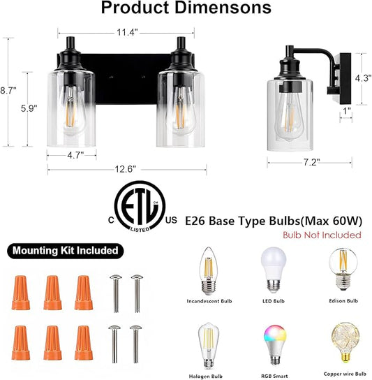2-Light Bathroom Light Fixtures Modern Black Vanity Lights for Bathroom Lighting Fixtures Over Mirror for Cabinet Mirror Bedroom Hallway