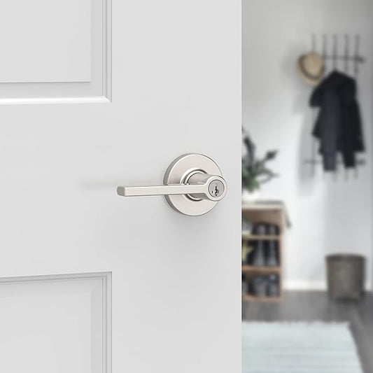 Kwikset Casey Entry Door Handle with Lock and Key, Secure Keyed Reversible Lever Exterior, for Front Entrance and Bedrooms, Satin Nickel, 10 Pack, Pick Resistant SmartKey Rekey Security and Microban