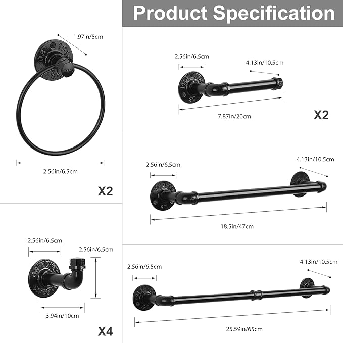 CADUKE 13-Pieces Black Bathroom Hardware Set Industrial Pipe Towel Bar | Towel Rack Accessories Kit, Wall Hand Towel Bar, Toilet Paper Holder, Towel Ring & Robe Hooks