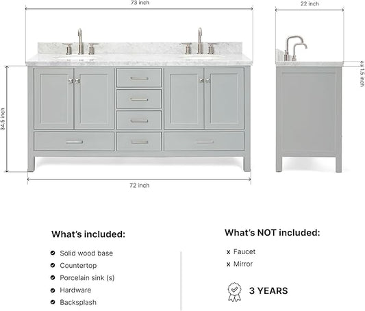 ARIEL Cambridge 72-inch Bathroom Vanity with Sink,Solid Wood, 1.5-inch Italian Carrara Marble Countertop & Backsplash, Double Oval Porcelain Sink, 4 Soft Closing Doors, 6 Dovetail Drawers, Grey