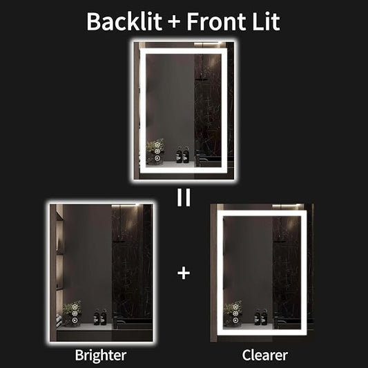 24"x32" LED Bathroom Mirror with Lights, Dimmable, Anti-Fog, Lighted Bathroom Vanity Mirror for Wall, Backlit + Front Lit, Memory Function, Shatter-Proof, Tempered Glass