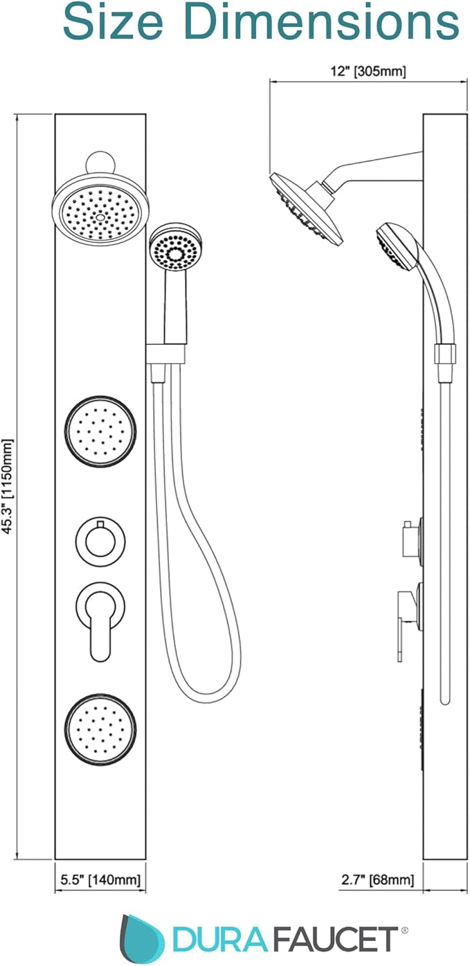 Dura Faucet (DF-SA914-SN) Premium RV Shower Panel Column – Satin Nickel, 4 Spray Options with Adjustable Body Sprayers, Overhead Shower & Handheld Wand – Water-Saving, Easy Install RV Shower System