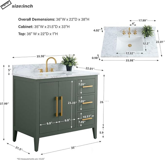 HomeBeyond 36 Inch Bathroom Vanity with Sink & Ceramic Top, Single Vanity Cabinet with Basin, Soft-Closing Doors & Matte Black Hardware, Vintage Green