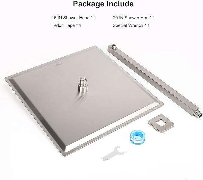 Shower Head with Extension Arm, High Pressure Square with ShowerArm, Stainless Steel Rainfall-Waterfall Full Body Coverage (16'' Shower with 20'' Arm, Brushed Nickel)