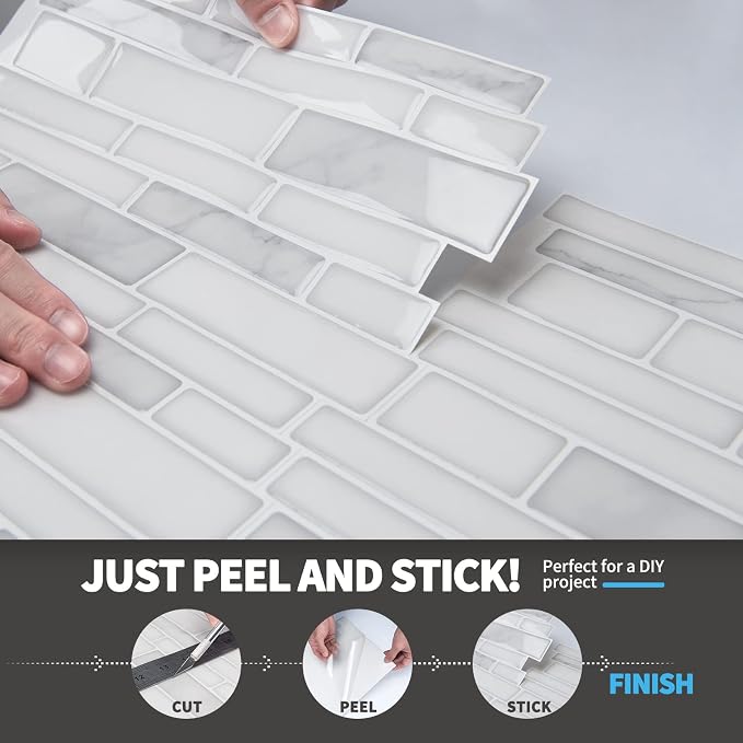 Art3d Stone Peel and Stick Backsplash, 10-Sheet, 12" x 12", White Marble | Lightweight, Self Adhesive, Moisture Resistant, Easy to DIY, Modern Style, for Kitchen, Bedroom, Ideal for New Home Buyers