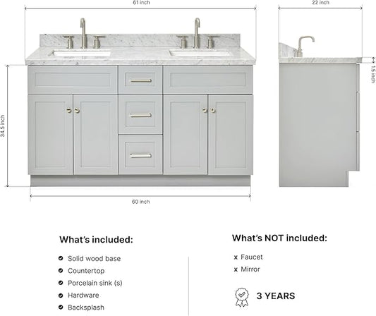 ARIEL Hamlet 60-inch Bathroom Vanity with Sink,Solid Wood, 1.5-inch Italian Carrara Marble Countertop & Backsplash, Double Rectangular Porcelain Sink, 4 Soft Closing Doors, 3 Dovetail Drawers, Grey