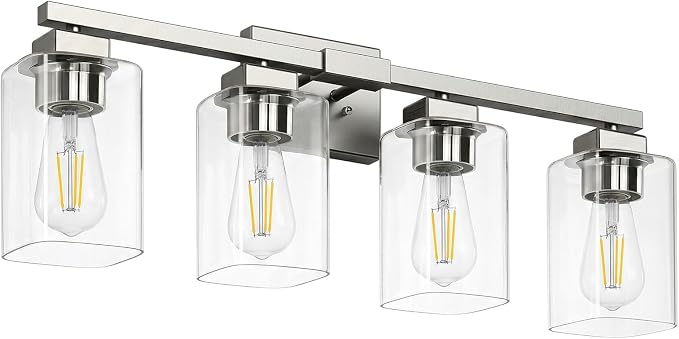 27” Bathroom Light Fixtures,4-Light Vanity Light Brushed Nickel | Square Clear Glass & Durable Metal, Quick & Easy Installation, Standard E26 Socket, Bright Bathroom Lighting