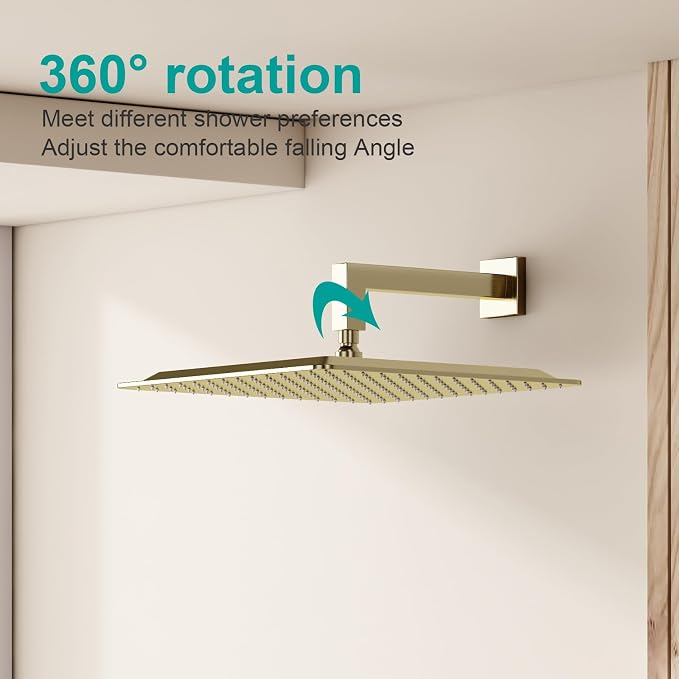 Square Rain Shower Head, High Flow Stainless Steel,Work with any decorative style,All Metal Rainfall Shower Head (Brushed Gold, 16)