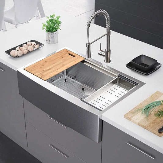 KINGO HOME 33 Inch 18 Gauge Handmade Stainless Steel Single Bowl Farmhouse Sink, Modern Farm Sink 33 Inch Apron Farmer Sinks for Kitchen Rustic With Accessories