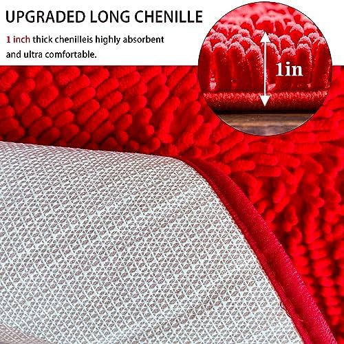 Half Round Bath Mat Red Bathroom Rugs Semicircle Chenille Bath Rugs Water Absorbent Floor Mats for Kids Washable Bathroom Shower Mat Area Rugs (19.2" x 31.1")