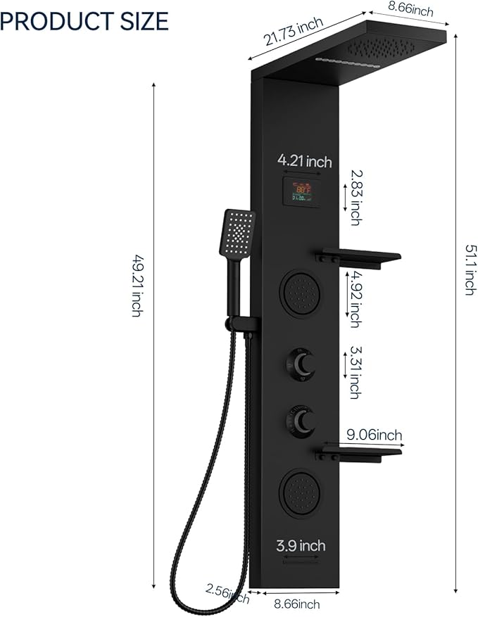 Homevacious 4 In 1 Shower Panel System with Shelf Matte Black | LED Rain Shower Head Adjustable Massage Body Jets 3 Functions Handheld Head Tub Spout Stainless Steel