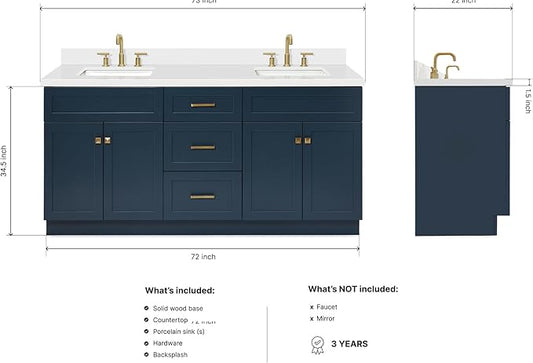 DKB Bradford 72 Inch Bathroom Vanity Double Sink — Midnight Blue Bathroom Vanity with Sink, 1.5" Edge Pure White Quartz Countertop & Backsplash, 4 Soft-Close Doors, and 3 Dovetail Drawers
