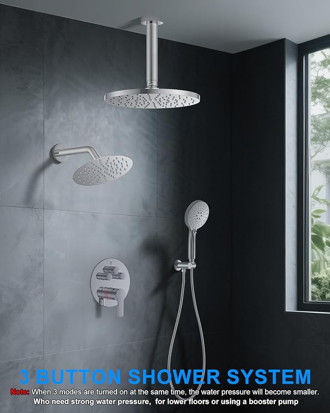 Shower System with Pressure Balance Valve, 10" Ceiling Mount Shower Faucet Set with 2 Rain Shower Head And Multi-function Handheld Head Push Button Diverter Pressure Balancing Valve Kit, Chrome