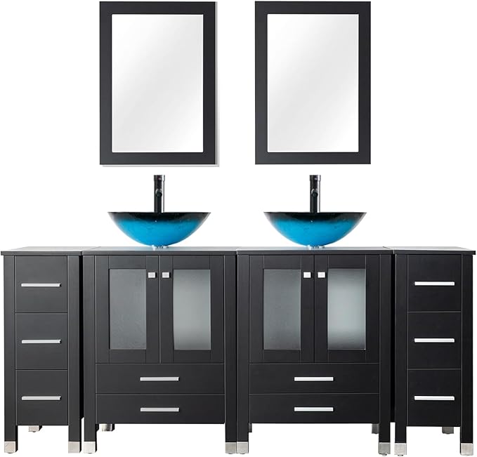 LUCKWIND 72" Double 24-in Bathroom Vanity with Sink Combo, Elegant Series with Two 12.6-in Side Cabinets, Painted Frame, Including Turquoise Square Sinks, Faucets Without Mirrors, Black