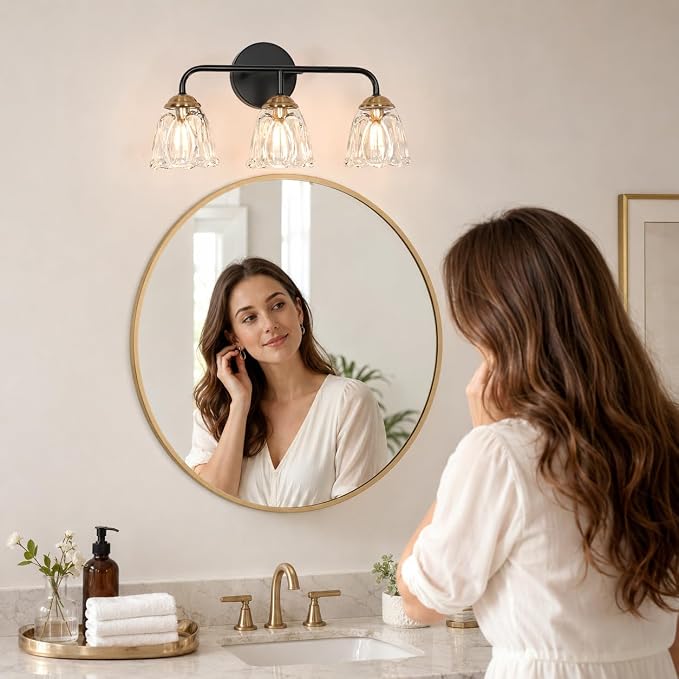 Daunton Vintage 3 Light Vanity Light, Black and Gold Bathroom Vanity Light, Bathroom Light Fixtures with Glass Shade, Antique Vanity Light Fixtures Over Mirror, Wall Sconce for Bedroom, Living Room
