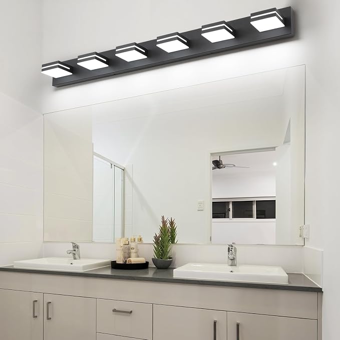 SineRise LED Modern Bathroom Vanity Light Fixtures, Modern Acrylic Bathroom Wall Lighting Fixtures Over Mirror, 6-Light, 48-Inch, Black, 100%-0% White