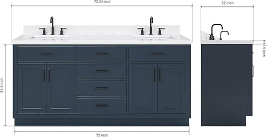 ARIEL Hepburn 72-inch Bathroom Vanity with Sink,Solid Wood, 1.5-inch Carrara White Quartz Countertop, Double Rectangular Porcelain Sink, 4 Soft Closing Doors, 6 Dovetail Drawers, Midnight Blue