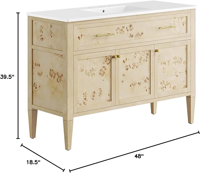 Modway Elysian 48" Wood Single Bathroom Vanity in White Burl with Ceramic Sink Basin