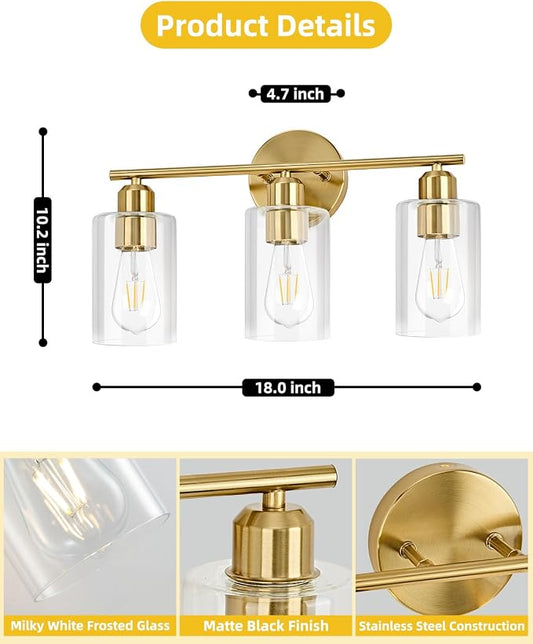 3Light Modern Vanity Lights - Gold, Clear Glass Shade, Wall Sconce for Bathroom & Bedroom, 2 Pack
