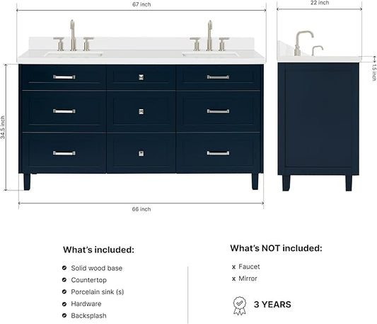 ARIEL Monroe 66-inch Bathroom Vanity with Sink,Solid Wood, 1.5-inch Pure White Quartz Countertop & Backsplash, Double Oval Porcelain Sink, 9 Dovetail Drawers, Brushed Nickel, Midnight Blue