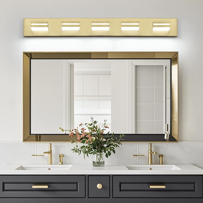 5 Light Bathroom Vanity Light Gold Modern 36W LED Dimmable Vanity Light Over Mirror 350° Adjustable Lamp Head Cold White 6000K ETL Listed 36.2Inch