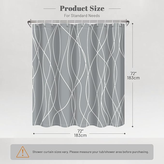 Striped Shower Curtain for Bathroom, Light Grey White, 72"W x 72"L | with Hooks, Modern Hotel Style, Water Repellent, Washable, Weighted Hem